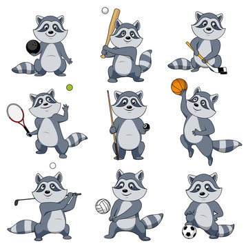 Cartoon raccoon play sports vector mascot icons
