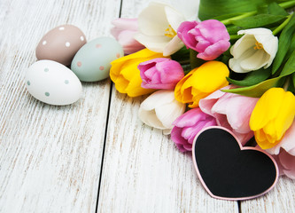 Easter eggs and tulips