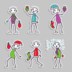Stick figure paper stickers - Christmas and New Year collection, vector set