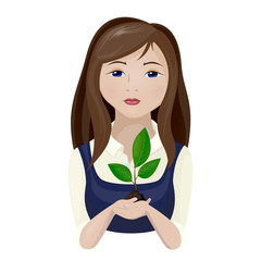 Vector illustration of a teenage girl with long hair is holding a seedling in her hand, a young plant with green leaves. Isolated on white background