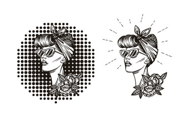 Vector vintage logo. Label, badge, print of girl silhouette  in retro style.