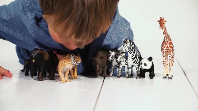mutter und sohn spielen gemeinsam mit verschiednen plastiktieren