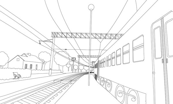 Coloring book the train on the platform. Vector illustration of railway in the village.