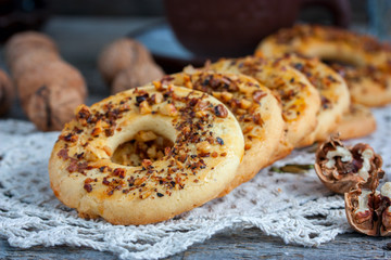 Sand rings with nuts, selective focus