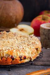 Homemade pie with raisins and strawberry, selective focus