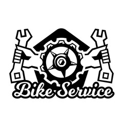 Obraz premium Monochrome logo, mountain bike repair. Vector illustration.
