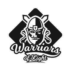 Monochrome logo, emblem, knight in helmet against the background of swords crosswise. Viking, barbarian, warrior, soldier, shield. Vector illustration.