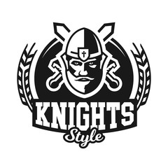 Monochrome logo, emblem, knight in helmet against the background of swords crosswise. Viking, barbarian, warrior, soldier, shield. Vector illustration.