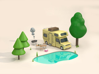 home car and picnic 3d rendering