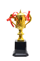 Golden trophies on white background