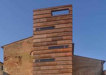The new tower of the Palazzo Montanelli della Volta headquarters of the Montanelli Bassi Foundation, historic center of Fucecchio, Florence, Italy