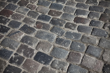 Close up picture of old cobblestone street, background or texture.