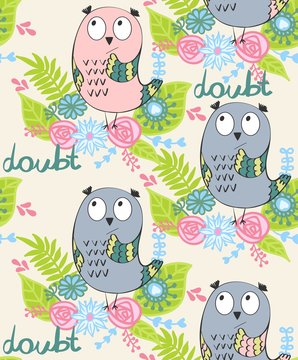 vector illustration of a cartoon owl in doubt