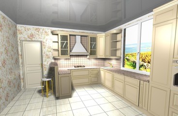 kitchen classic beige 3D rendering design interior