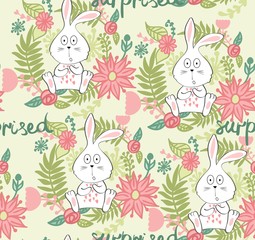 Obraz premium vector floral illustration with cartoon bunny. Surprised.