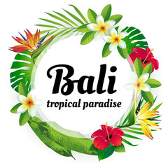 Wreath from tropical flowers and plants. Tropical paradise. Bali. 