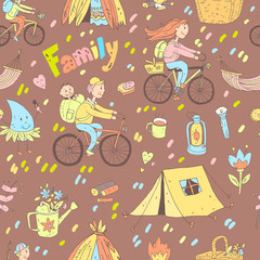 Vector seamless pattern with cute doodle family. Equipment for c