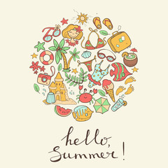 Vector cute doodle round illustration Hello summer. The sea, the