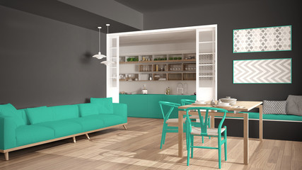 Minimalist kitchen and living room with sofa, table and chairs, gray and turquoise modern interior design