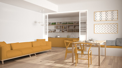 Minimalist kitchen and living room with sofa, table and chairs, white and yellow modern interior design