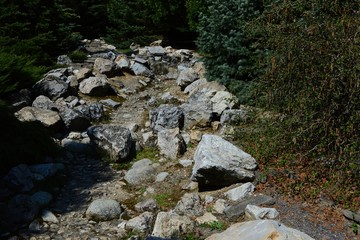 Dried artificial stone decorative waterfall in arboretum Mlynany, Slovakia during early spring season