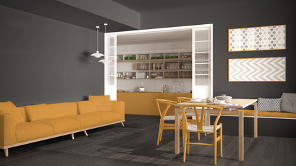 Minimalist kitchen and living room with sofa, table and chairs, gray and yellow modern interior design