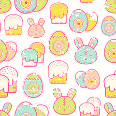 Cute Easter seamless pattern with Easter eggs, rabbit, Easter bunny and Easter cakes