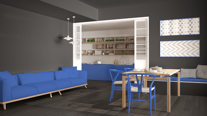 Minimalist kitchen and living room with sofa, table and chairs, gray and blue navy modern interior design