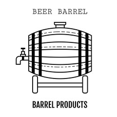 Beer wooden barrel with a tap. Linear, black and white, flat icon, object.