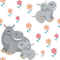 Children's vector seamless pattern in cartoon style with the image of cute animals and their cubs.