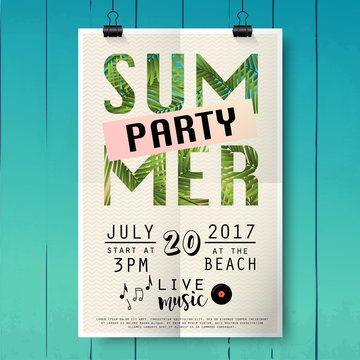 Summer party pster with palm leaf and lettering on wood texture background.