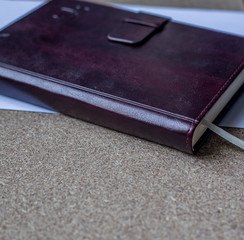 Office stuff with leather notebook. view with copy space. Office stuff with gadget. Working Office stuff concept. Mockup office stuff.