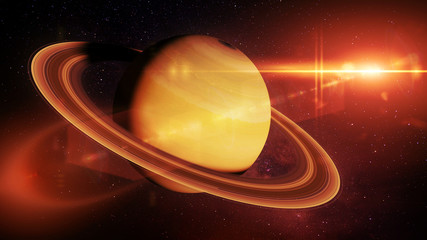 Saturn, the planet Saturn in front of the stars lit by the bright sun