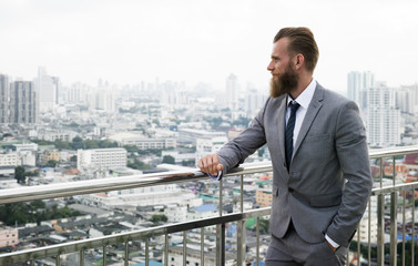 Caucasian Business Man Standing Railings City View