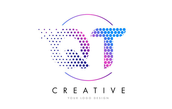 QT Q T Pink Magenta Dotted Bubble Letter Logo Design Vector