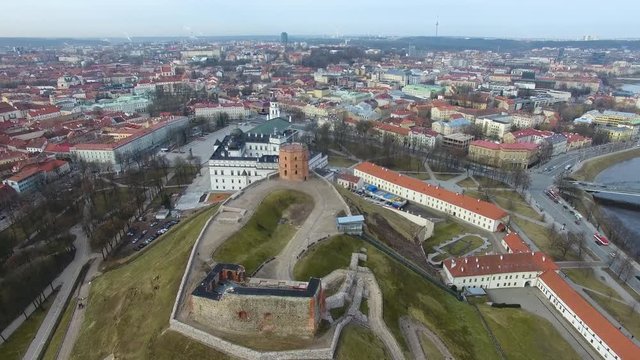 Aerial view of the Gediminas Tower in old town of Vilnius at spring time
