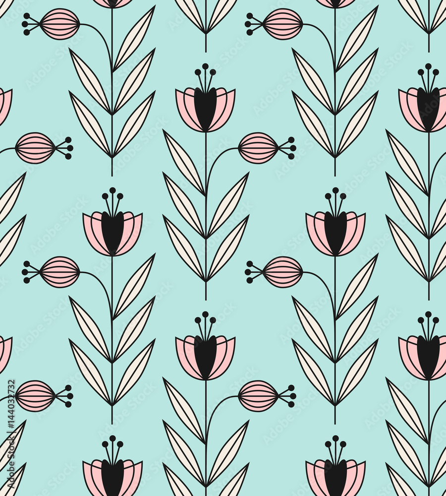 Poster seamless retro pattern with stylized flowers