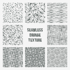 Set of grange seamless patterns. Simple vector scratch textures with dots, strokes and doodles.