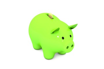 3d illustration: Acid green piggy Bank with Golden (copper) coin on a white isolated background