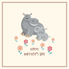 Happy Mother’s day greeting card in cartoon style with the image of cute animals and their cubs.