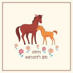 Happy Mother’s day greeting card in cartoon style with the image of cute animals and their cubs.