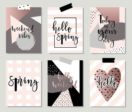 Hello spring posters set with geometric elements.