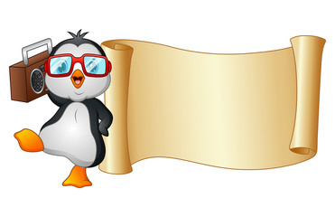 Cartoon penguin dancing with a tape recorder and paper scroll