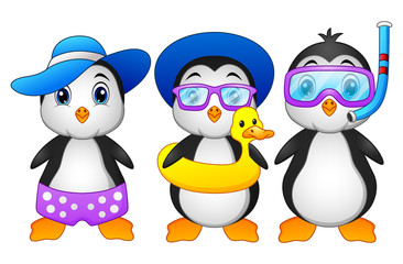 Cute cartoon penguins in summer holiday