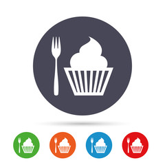 Eat sign icon. Dessert fork with muffin.
