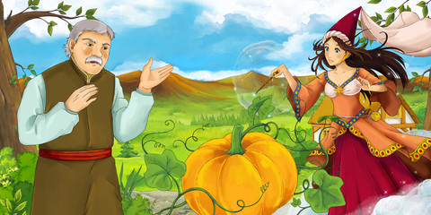 Obraz na płótnie Canvas cartoon scene with beautiful woman casting spell on a pumpkin man is watching and talking to her
