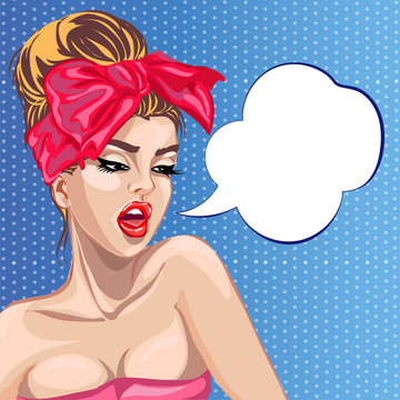 Pin up style woman portrait with speech bubble, pop art girl face, vector illustration