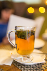 A glass of mint tea in a restaurant