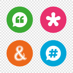 Quote, asterisk footnote icons. Hashtag symbol.