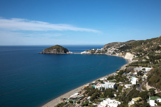 Aerial view of  Maronti beach and Sant&rsquo;Angelo in Ischia island, Naples, Italy
